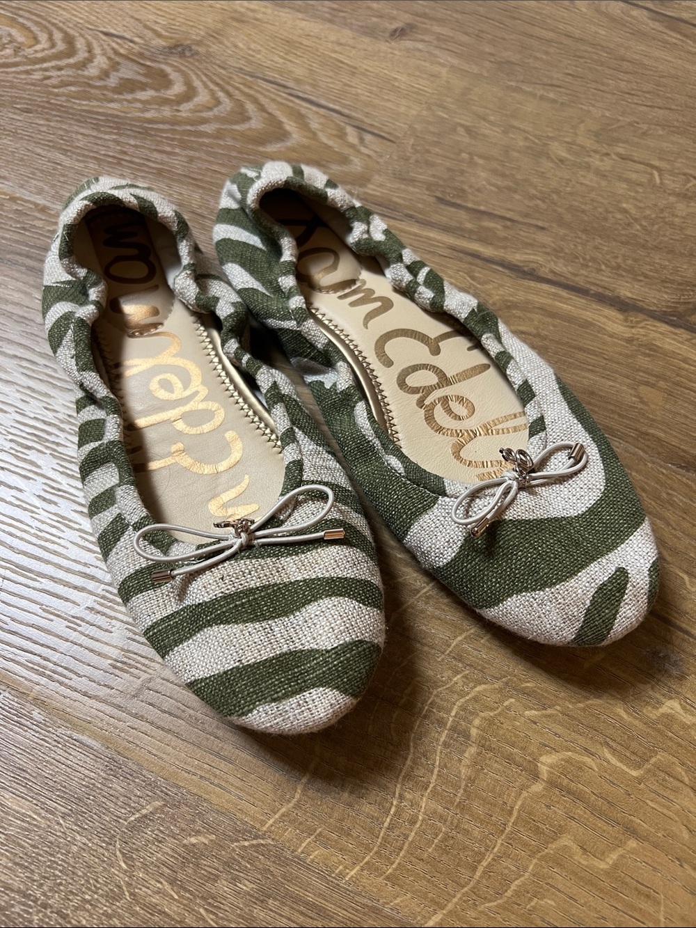Sam Edelman Olive and Cream Zebra-Print Ballet Flats with Bow